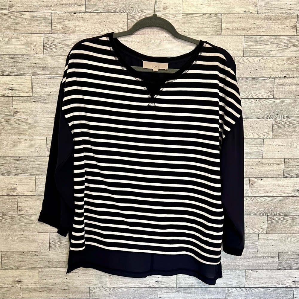 BlueWhite LOFT Women Cotton Polyester Blouse High Low Hem 3/4 Sleeve Striped‎ M - Picture 10 of 12